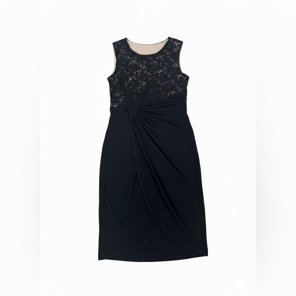 Faux Wrap Black Lace Sleeveless Pullover Stretchy Midi Dress LBD
